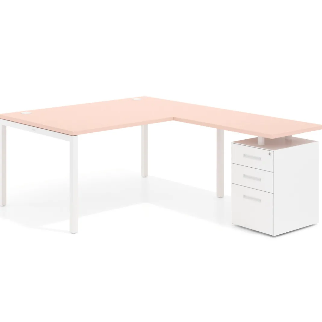 Mesa de dirección en L con cajones Kube, fondo 100, frontales metal, estructura blanca