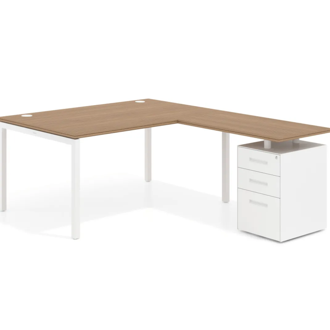 Mesa de dirección en L con cajones Kube, fondo 100, frontales metal, estructura blanca