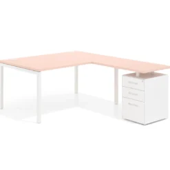 Mesa de dirección en L con cajones Kube, fondo 100, frontales metal, estructura blanca