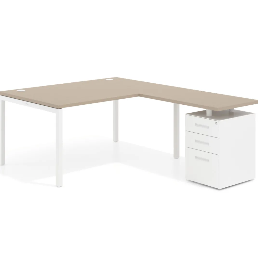 Mesa de dirección en L con cajones Kube, fondo 100, frontales metal, estructura blanca