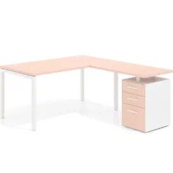 Mesa de dirección en L con cajones Kube, fondo 100, frontales melamina, estructura blanca