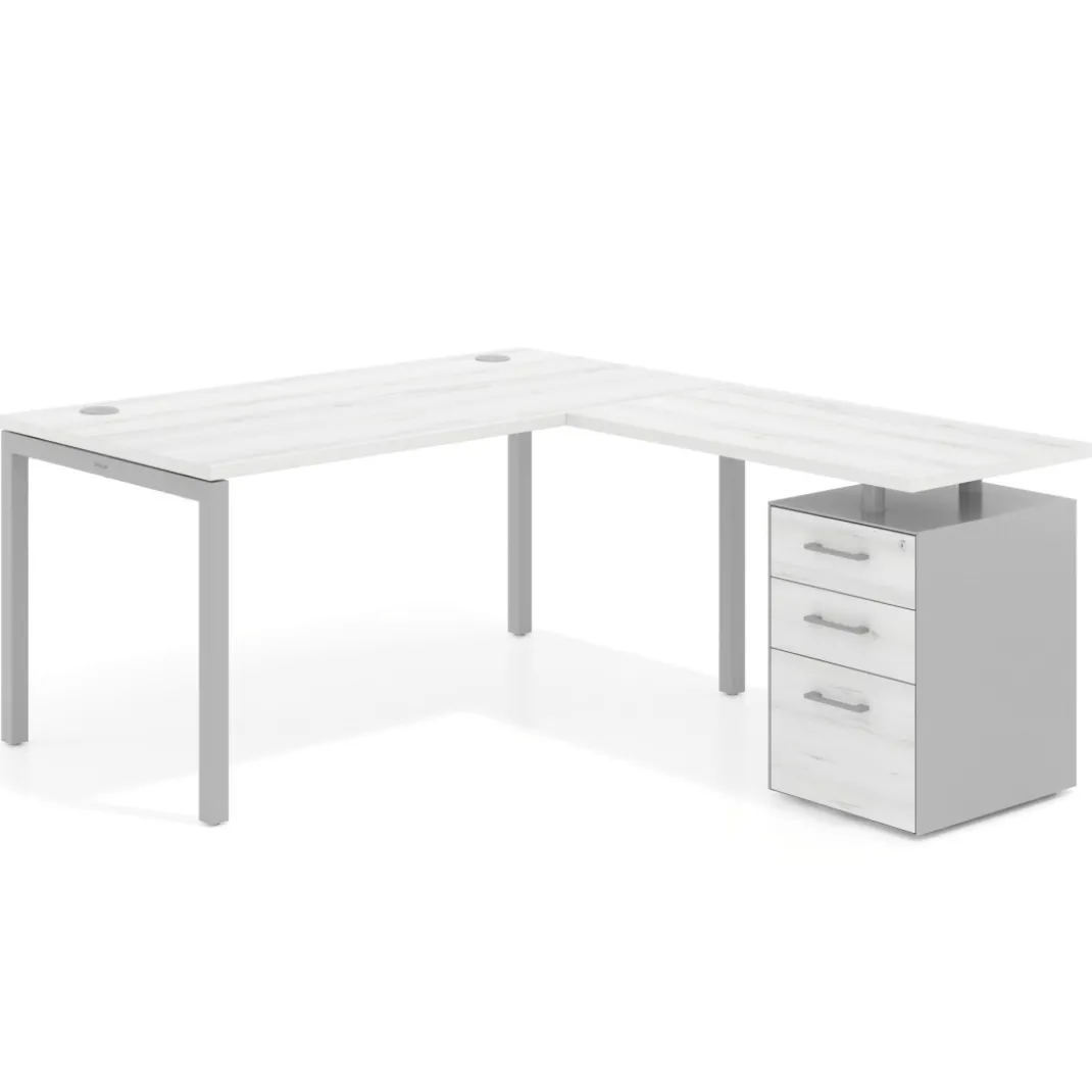 Mesa de dirección en L con cajones Kube, fondo 100, frontales melamina, estructura aluminio
