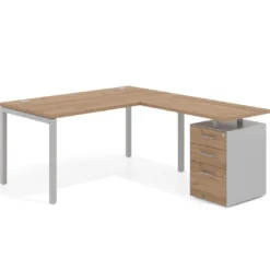 Mesa de dirección en L con cajones Kube, fondo 100, frontales melamina, estructura aluminio