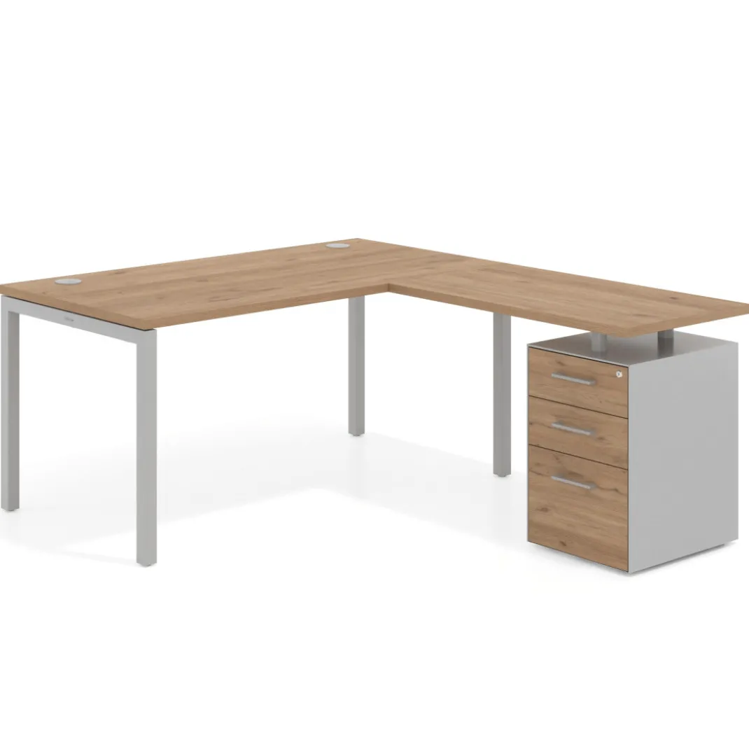 Mesa de dirección en L con cajones Kube, fondo 100, frontales melamina, estructura aluminio