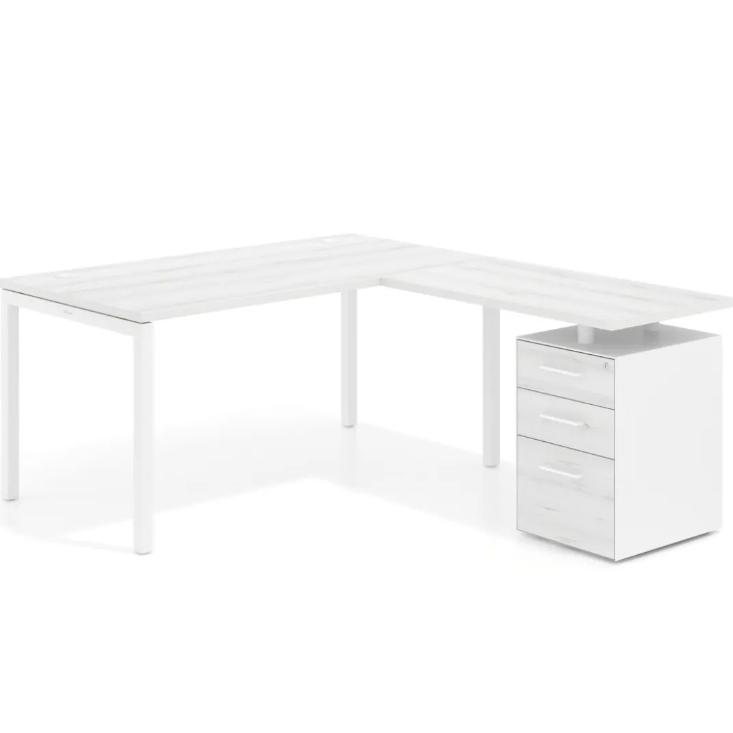 Mesa de dirección en L con cajones Kube, fondo 100, frontales melamina, estructura blanca