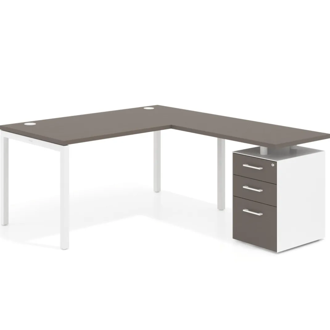 Mesa de dirección en L con cajones Kube, fondo 100, frontales melamina, estructura blanca