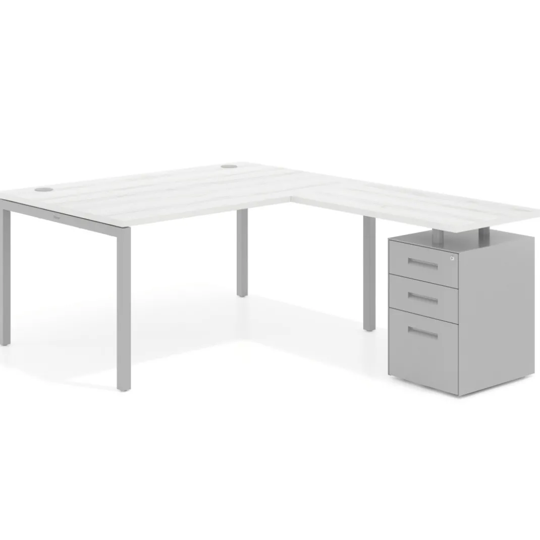 Mesa de dirección en L con cajones Kube, fondo 100, frontales metal, estructura aluminio