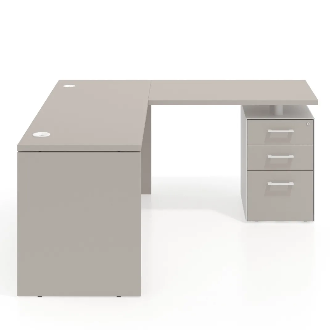 Mesa de Escritorio con cajones en L Work Plus fondo 60, frontales melamina diseño rayado
