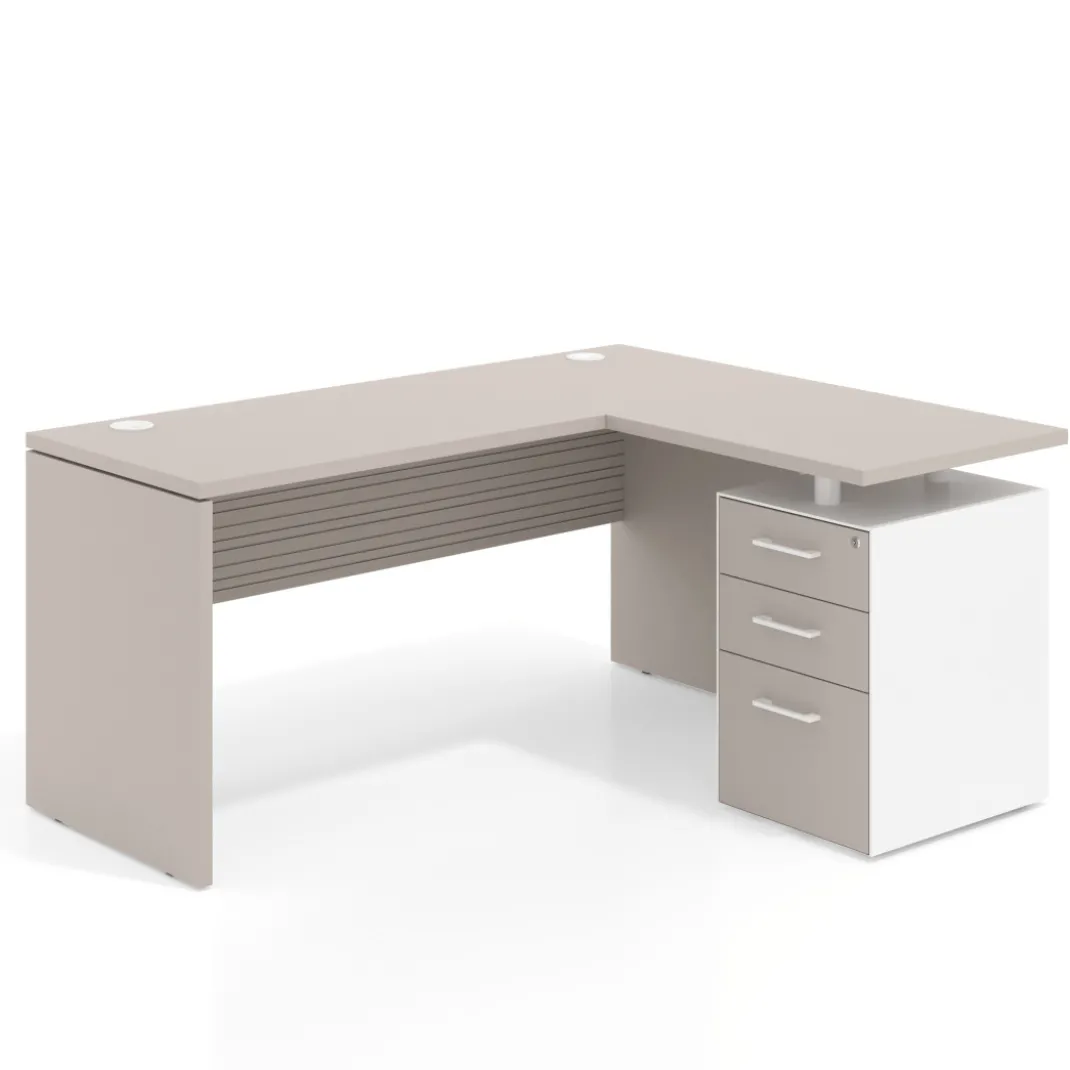 Mesa de Escritorio con cajones en L Work Plus, ala corta, fondo 60, frontales melamina diseño rayado