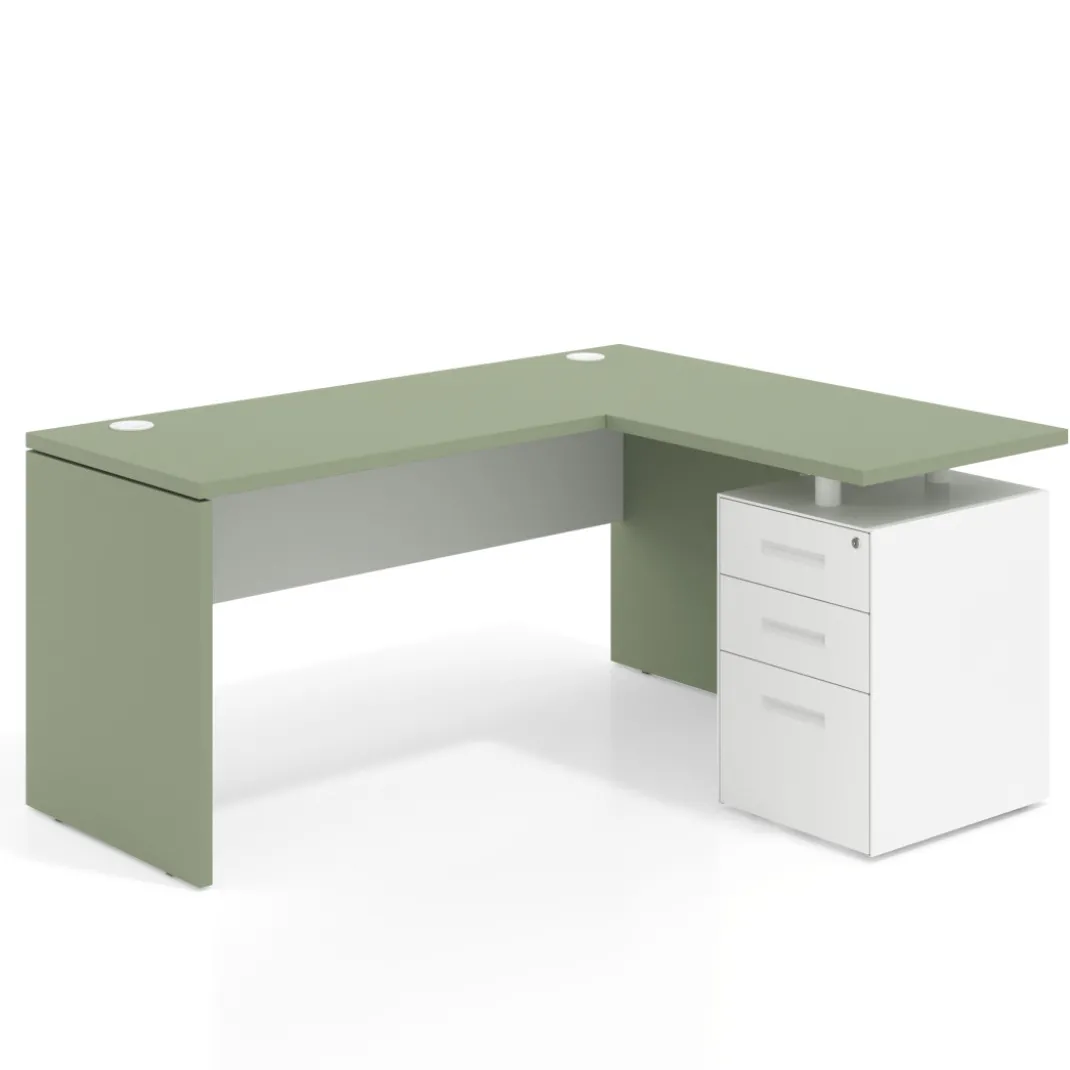 Mesa de Escritorio con cajones en L Work Plus, ala corta, fondo 60, frontales de metal diseño bicolor