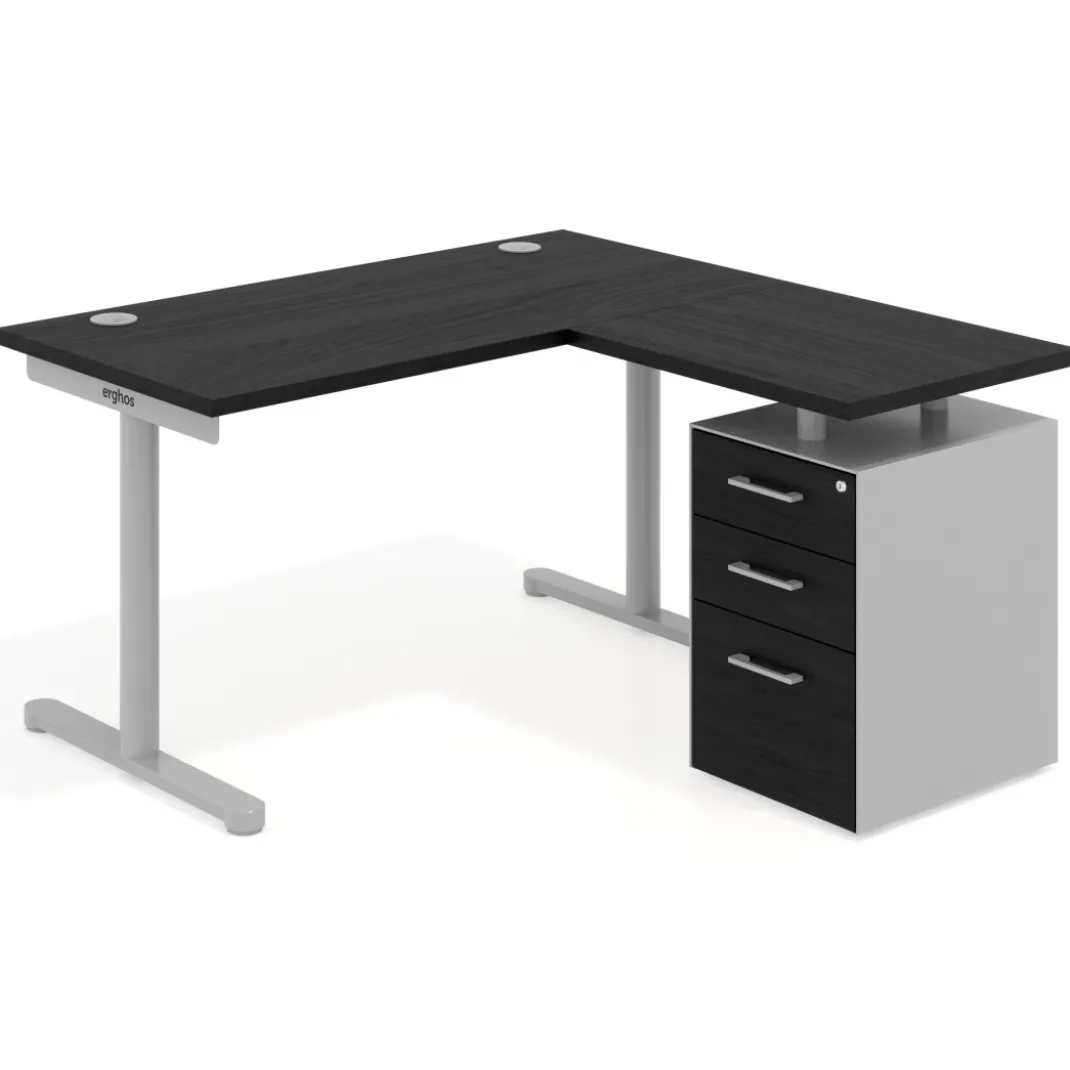 Mesa de Escritorio con cajones, fondo 68cm, estructura aluminio, ala corta, pedestal melamina