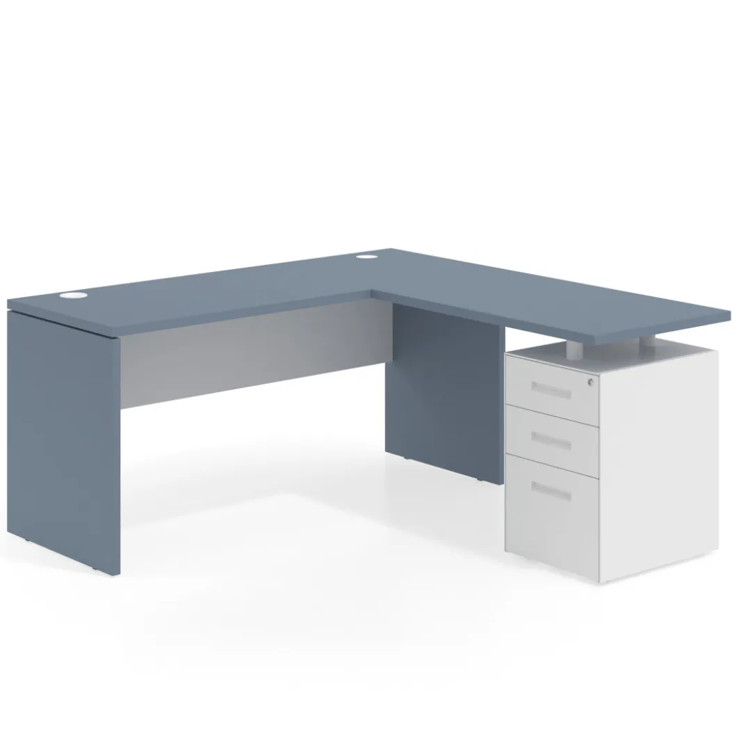 Mesa de Escritorio con cajones en L Work Plus fondo 60, frontales de metal diseño bicolor