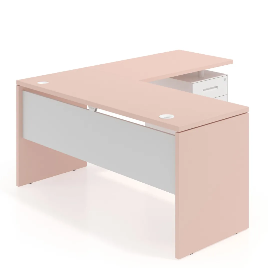 Mesa de Escritorio con cajones en L Work Plus fondo 60, frontales de metal diseño bicolor
