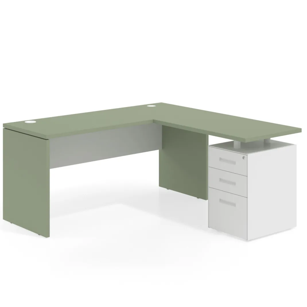 Mesa de Escritorio con cajones en L Work Plus fondo 60, frontales de metal diseño bicolor