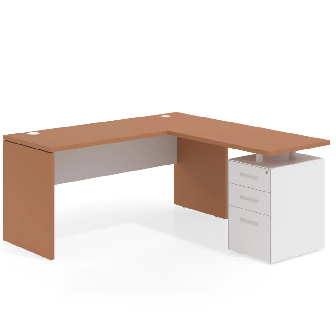 Mesa de Escritorio con cajones en L Work Plus fondo 60, frontales de metal diseño bicolor