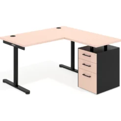 Mesa de Escritorio con cajones, fondo 68cm, estructura negra, ala corta, pedestal melamina