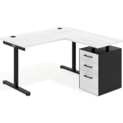 Mesa de Escritorio con cajones, fondo 68cm, estructura negra, ala corta, pedestal melamina