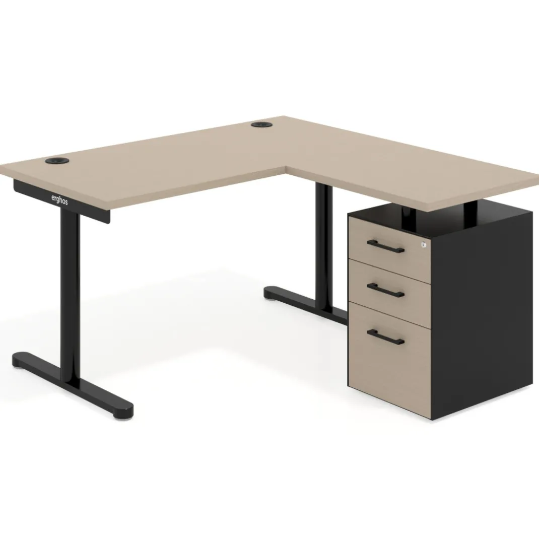Mesa de Escritorio con cajones, fondo 68cm, estructura negra, ala corta, pedestal melamina