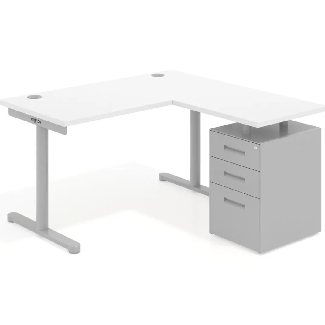 Mesa de Escritorio con cajones, fondo 68cm, estructura aluminio, ala corta, pedestal metálico