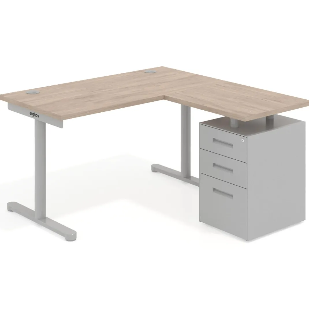 Mesa de Escritorio con cajones, fondo 68cm, estructura aluminio, ala corta, pedestal metálico