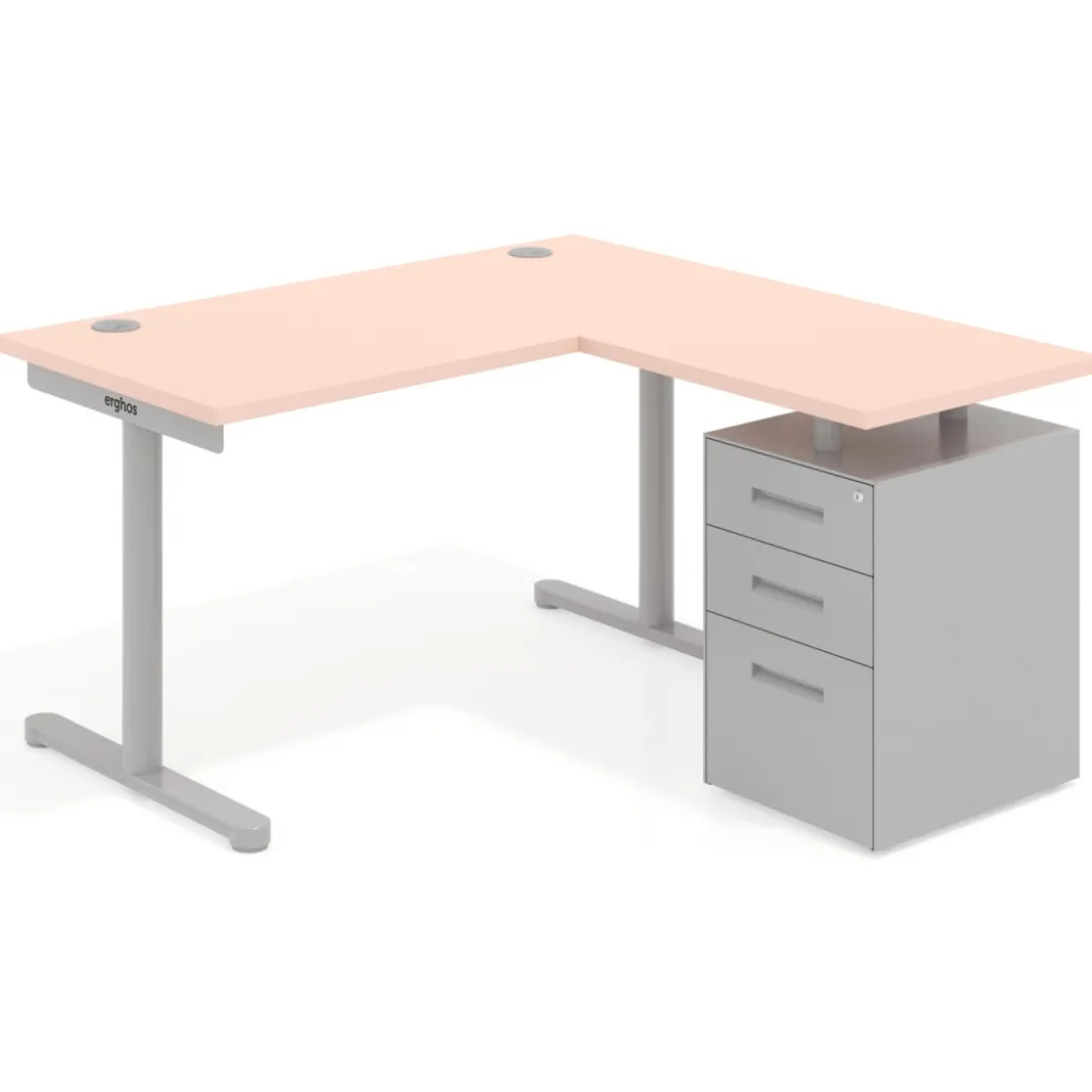 Mesa de Escritorio con cajones, fondo 68cm, estructura aluminio, ala corta, pedestal metálico