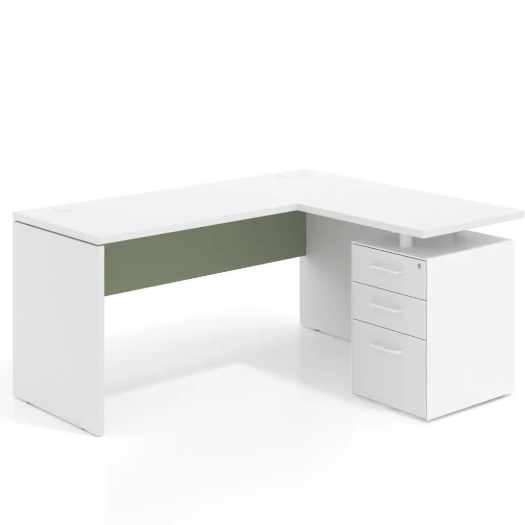 Mesa de Escritorio con cajones en L Work Plus, ala corta, fondo 60, frontales melamina estructura blanco mate