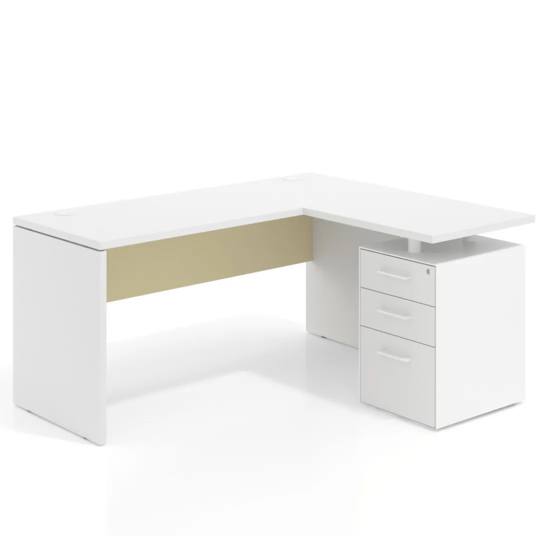 Mesa de Escritorio con cajones en L Work Plus, ala corta, fondo 60, frontales melamina estructura blanco mate