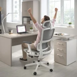 Mesa de Escritorio con cajones en L Work Plus fondo 60, frontales melamina diseño rayado