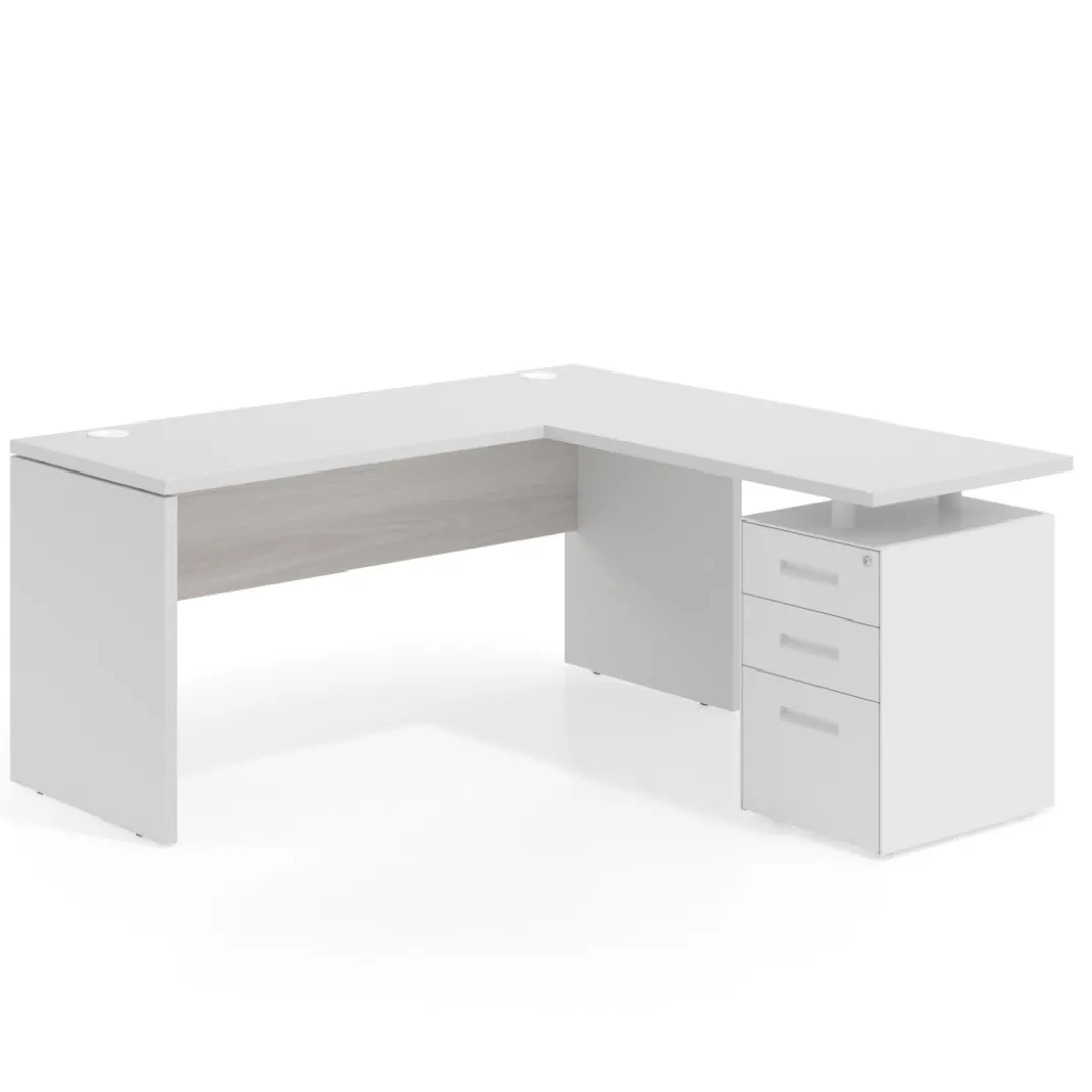 Mesa de Escritorio con cajones en L Work Plus fondo 60, frontales de metal estructura blanco mate