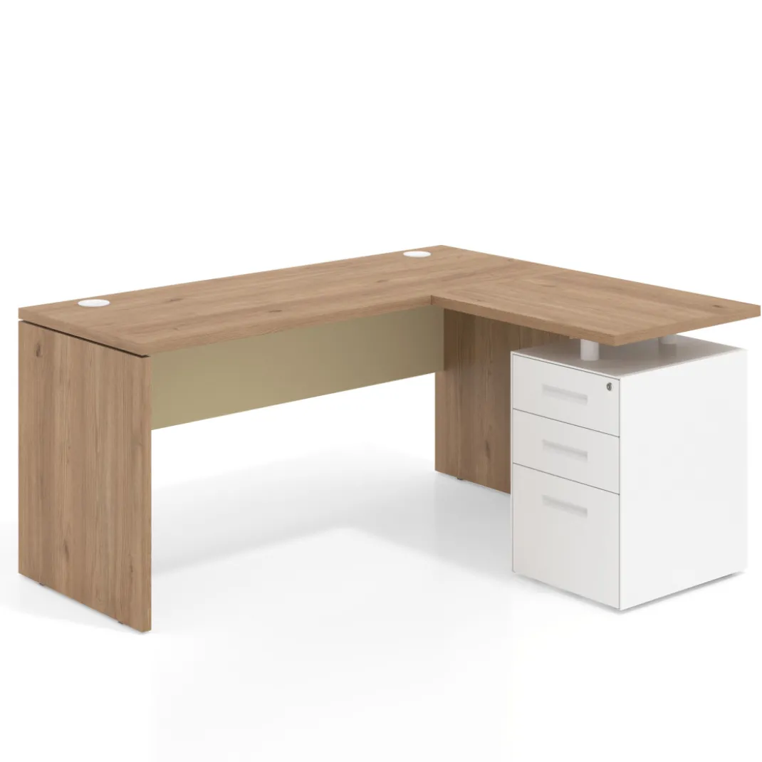 Mesa de Escritorio con cajones en L Work Plus, ala corta, fondo 60, frontales de metal estructura naturale