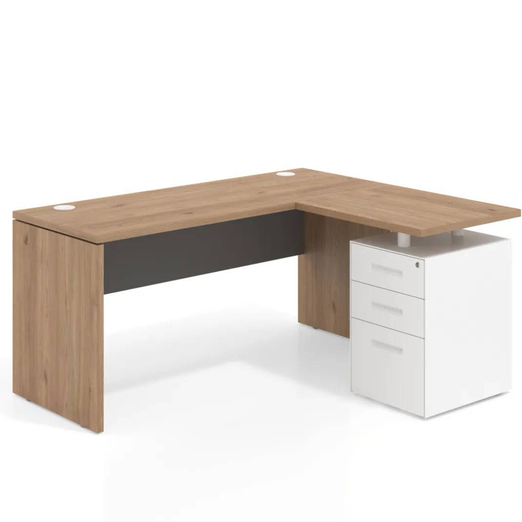 Mesa de Escritorio con cajones en L Work Plus, ala corta, fondo 60, frontales de metal estructura naturale