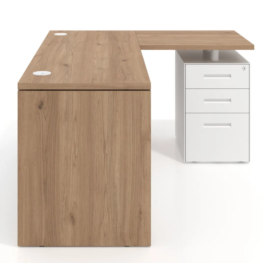 Mesa de Escritorio con cajones en L Work Plus, ala corta, fondo 60, frontales de metal estructura naturale