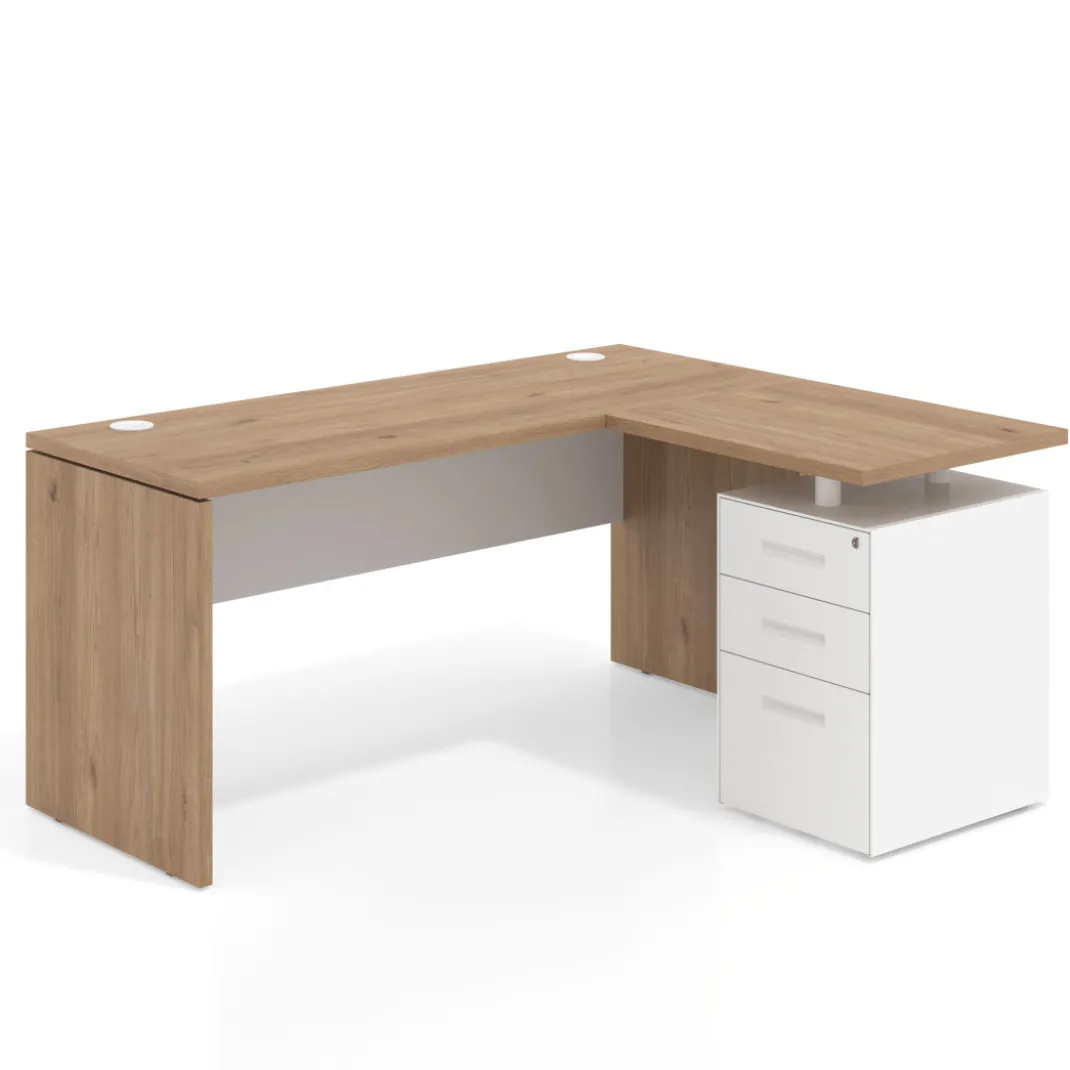 Mesa de Escritorio con cajones en L Work Plus, ala corta, fondo 60, frontales de metal estructura naturale