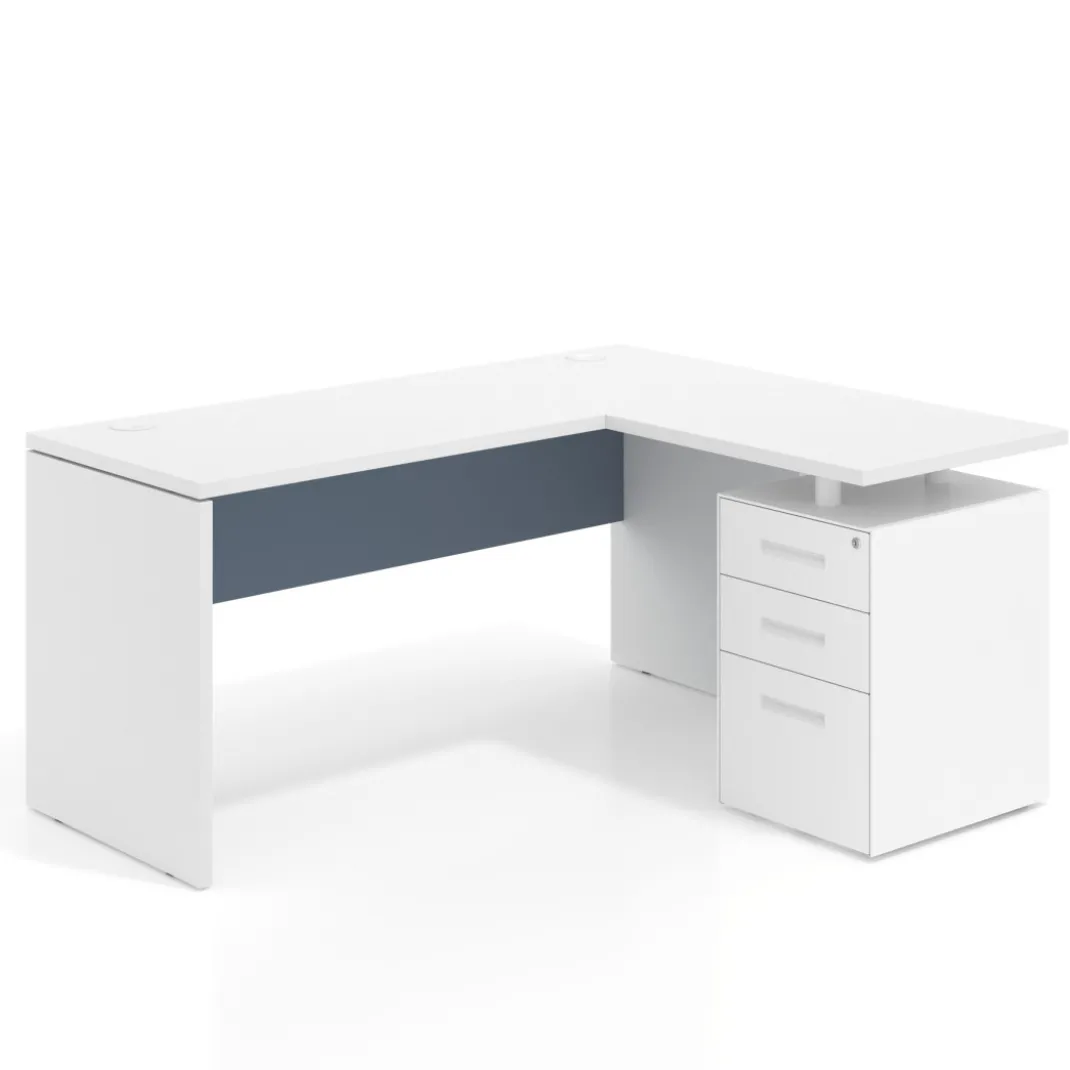Mesa de Escritorio con cajones en L Work Plus, ala corta, fondo 60, frontales de metal estructura blanco mate