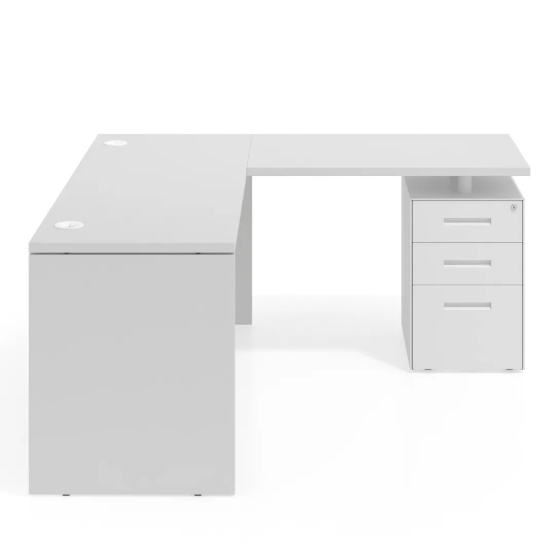 Mesa de Escritorio con cajones en L Work Plus, ala corta, fondo 60, frontales de metal estructura blanco mate