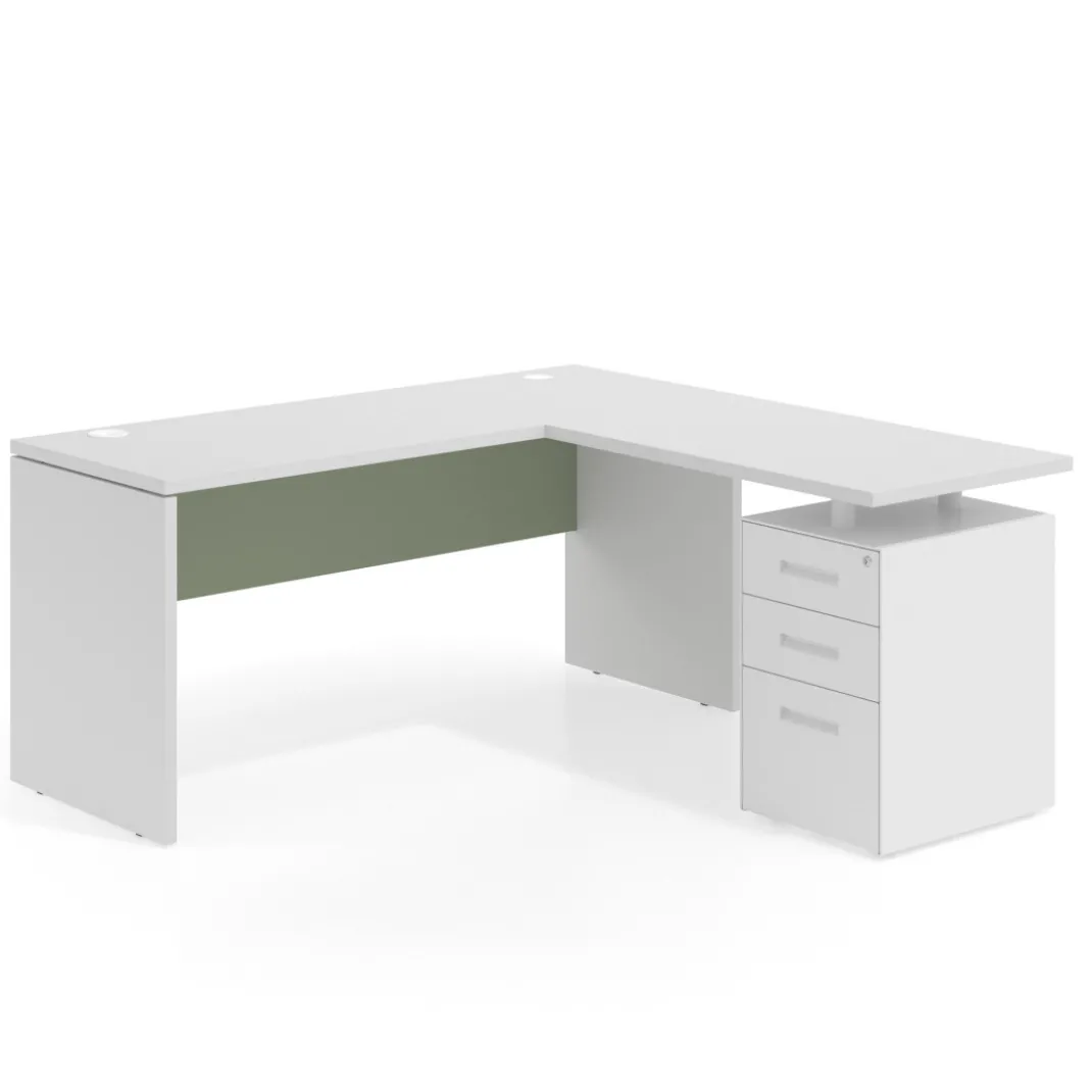 Mesa de Escritorio con cajones en L Work Plus, ala corta, fondo 60, frontales de metal estructura blanco mate