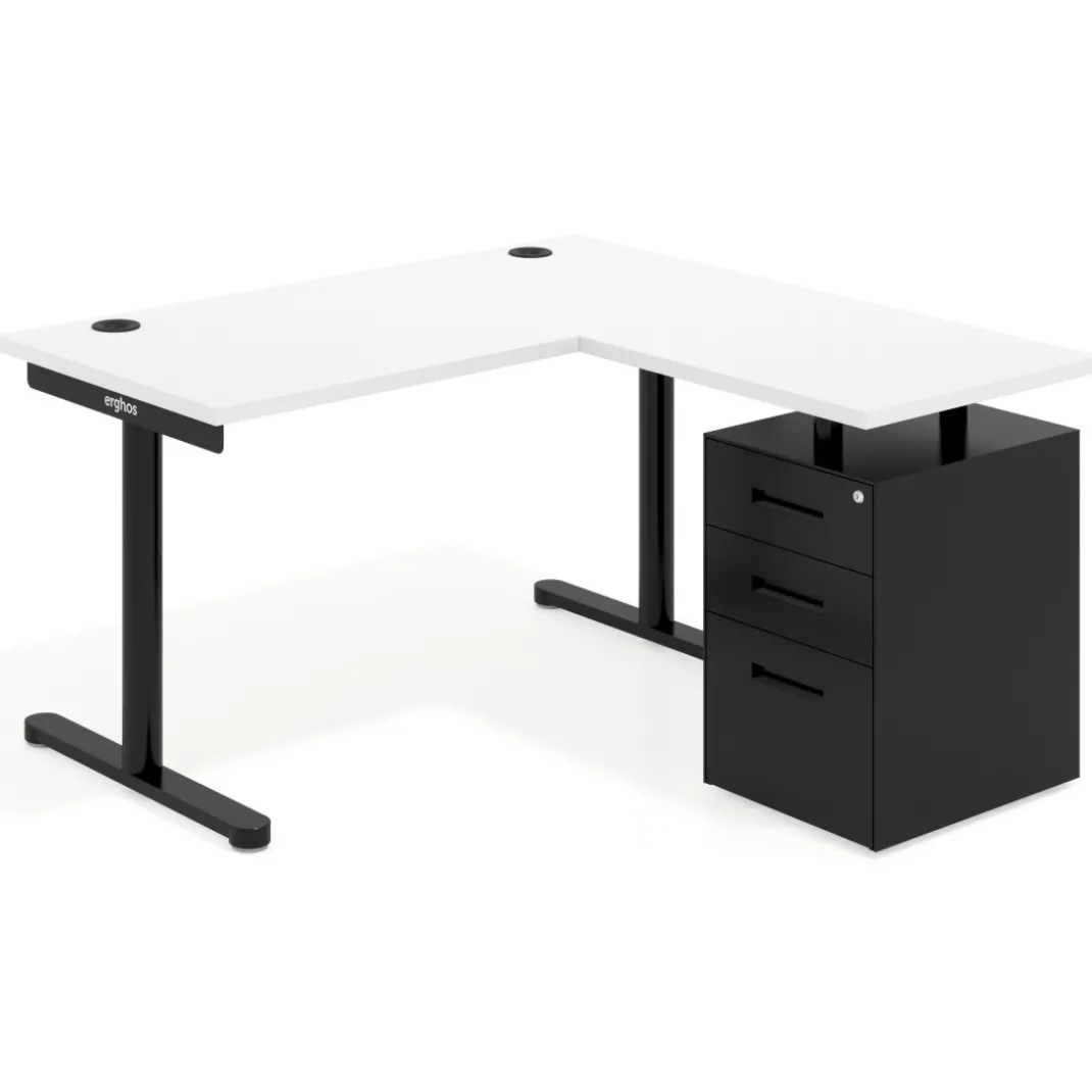 Mesa de Escritorio con cajones, fondo 68cm, estructura negra, ala corta, pedestal metálico