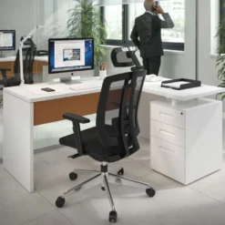 Mesa de Escritorio con cajones en L Work Plus, ala corta, fondo 60, frontales de metal estructura blanco mate