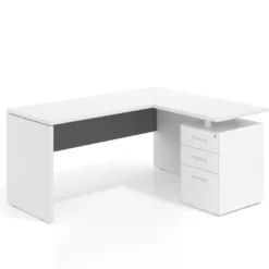 Mesa de Escritorio con cajones en L Work Plus, ala corta, fondo 60, frontales de metal estructura blanco mate