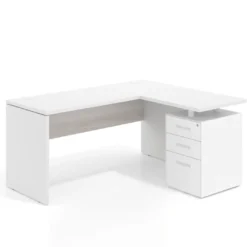 Mesa de Escritorio con cajones en L Work Plus, ala corta, fondo 60, frontales de metal estructura blanco mate