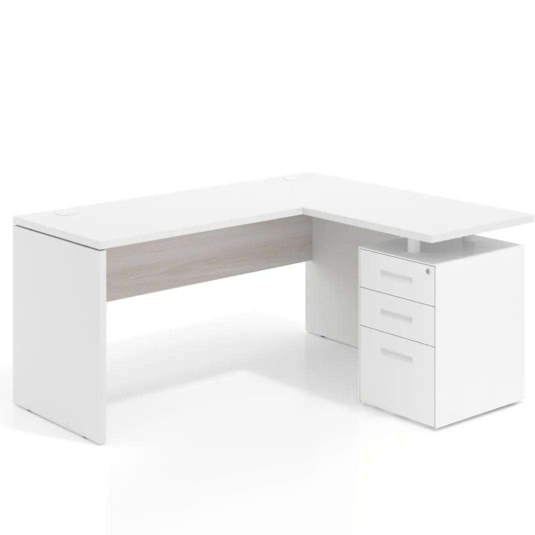 Mesa de Escritorio con cajones en L Work Plus, ala corta, fondo 60, frontales de metal estructura blanco mate