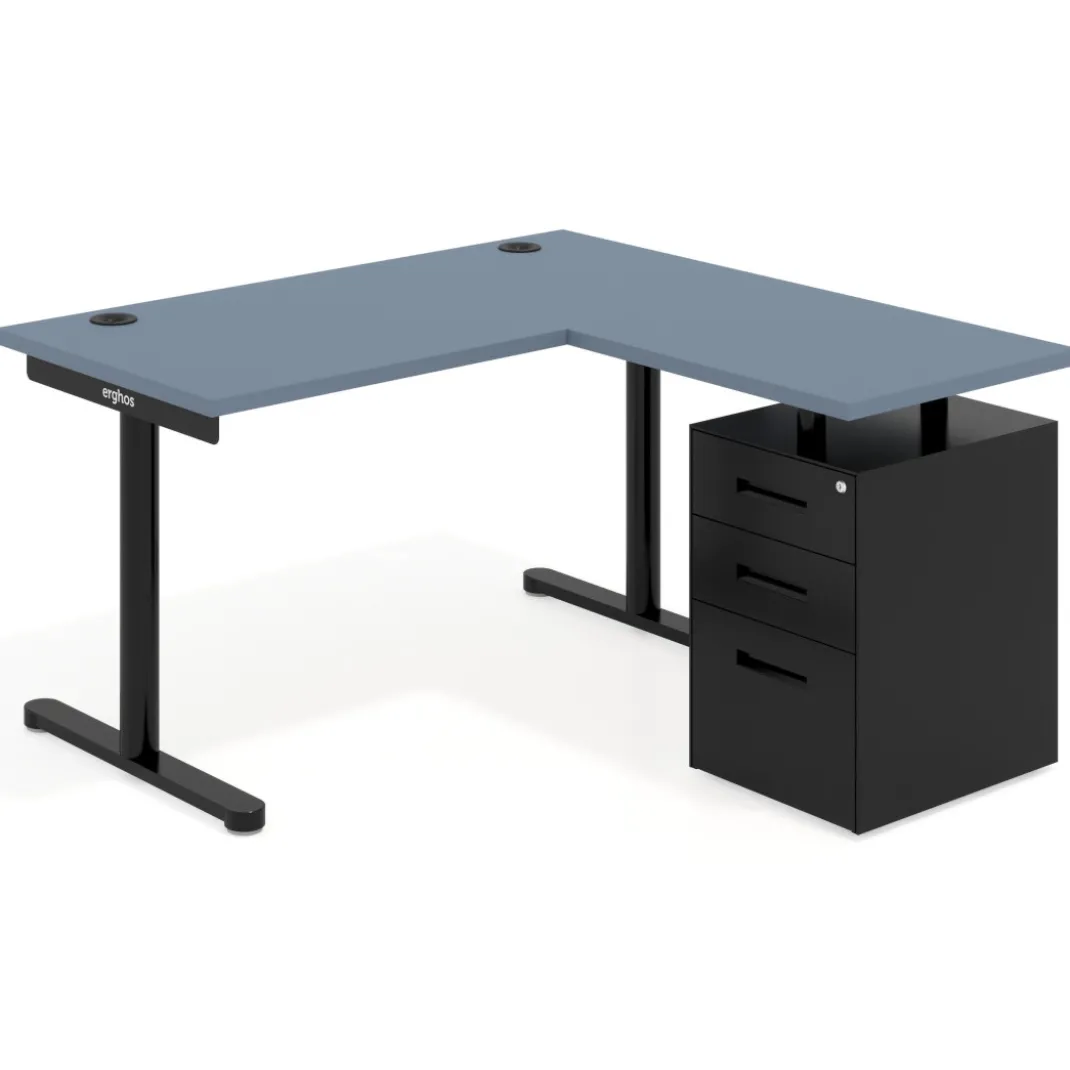 Mesa de Escritorio con cajones, fondo 68cm, estructura negra, ala corta, pedestal metálico