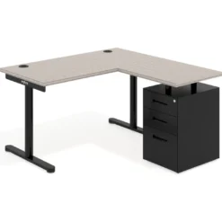Mesa de Escritorio con cajones, fondo 68cm, estructura negra, ala corta, pedestal metálico