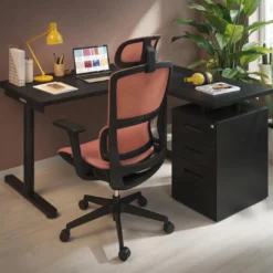 Mesa de Escritorio con cajones, fondo 68cm, estructura negra, ala corta, pedestal metálico