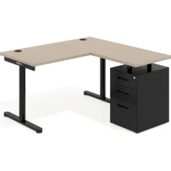 Mesa de Escritorio con cajones, fondo 68cm, estructura negra, ala corta, pedestal metálico