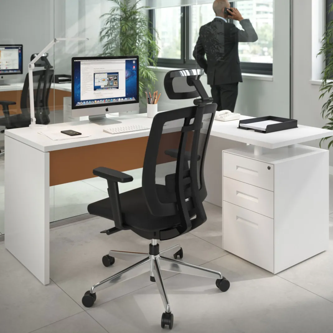 Mesa de Escritorio con cajones en L Work Plus, ala corta, fondo 60, frontales de metal estructura blanco mate