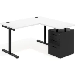 Mesa de Escritorio con cajones, fondo 68cm, estructura negra, ala corta, pedestal metálico
