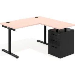 Mesa de Escritorio con cajones, fondo 68cm, estructura negra, ala corta, pedestal metálico