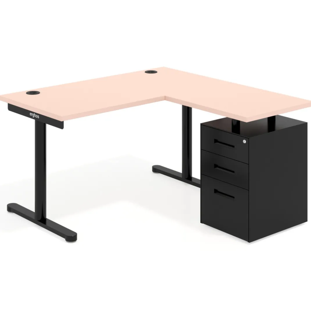 Mesa de Escritorio con cajones, fondo 68cm, estructura negra, ala corta, pedestal metálico