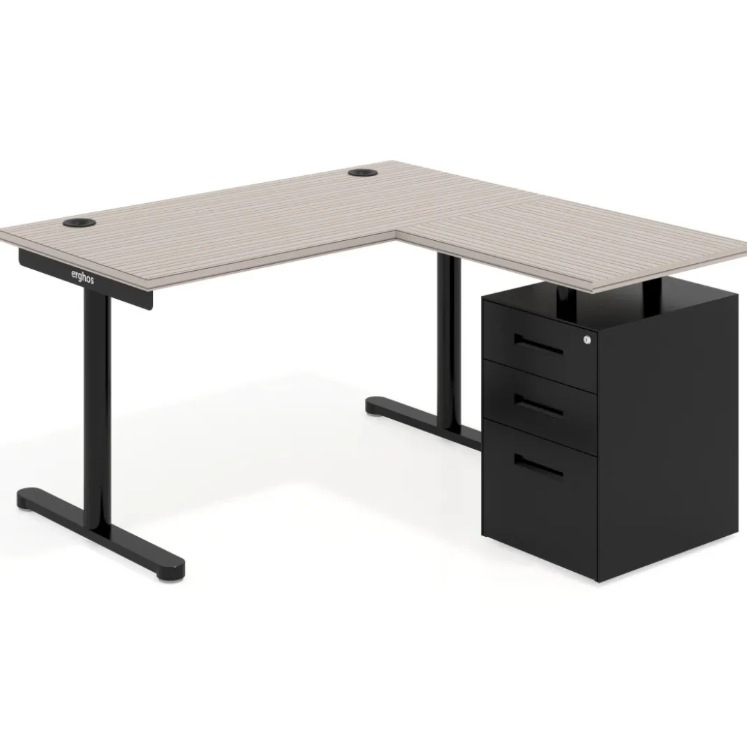 Mesa de Escritorio con cajones, fondo 68cm, estructura negra, ala corta, pedestal metálico